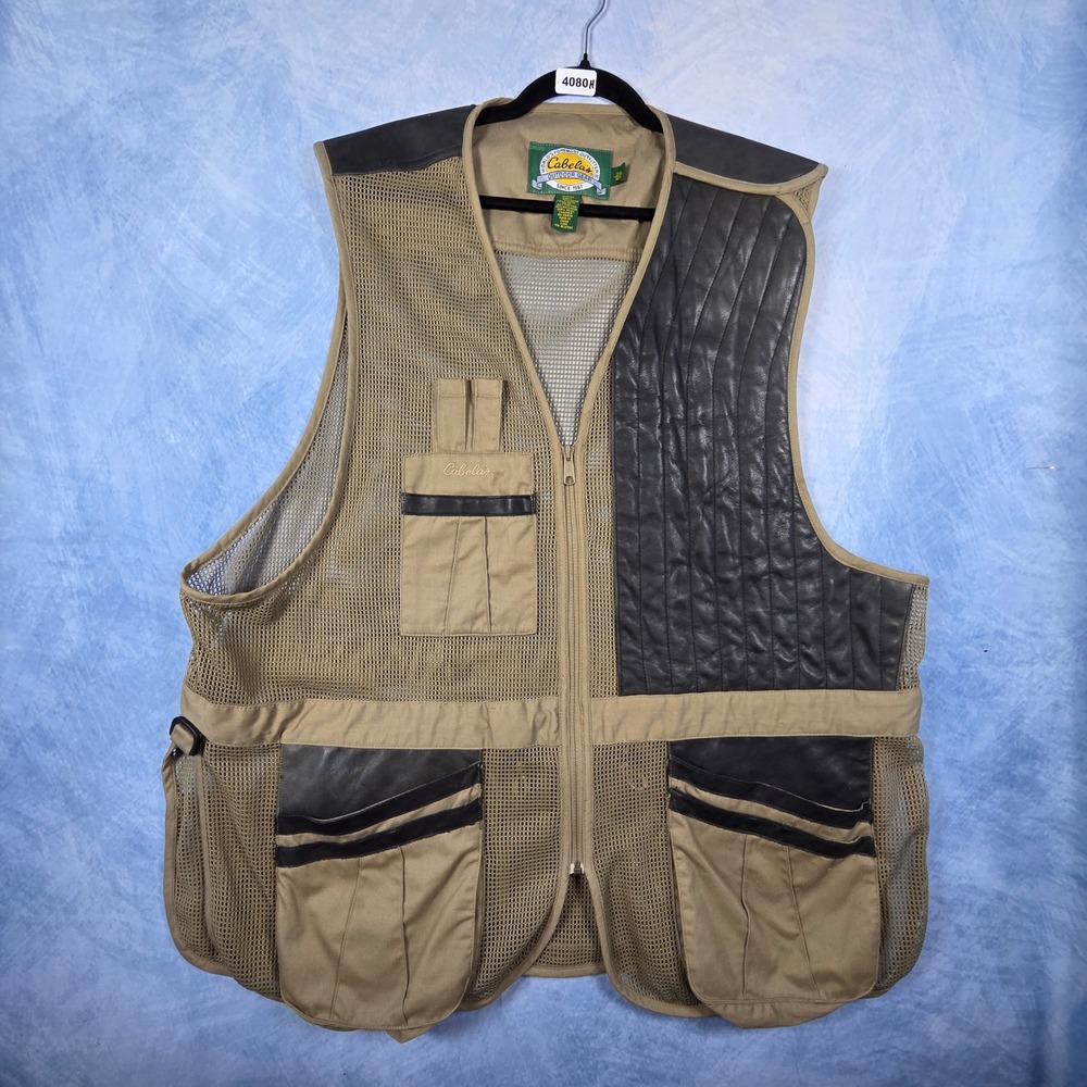 Cabelas Mens 3XL Shooting Vest Tan Mesh Leather Trim Quilted Recoil Pad Hunting
